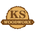 A logo of KS woodworx with KS in big letters on a cut woodstock with woodworx written inside borders