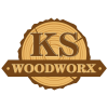 A logo of KS woodworx with KS in big letters on a cut woodstock with woodworx written inside borders